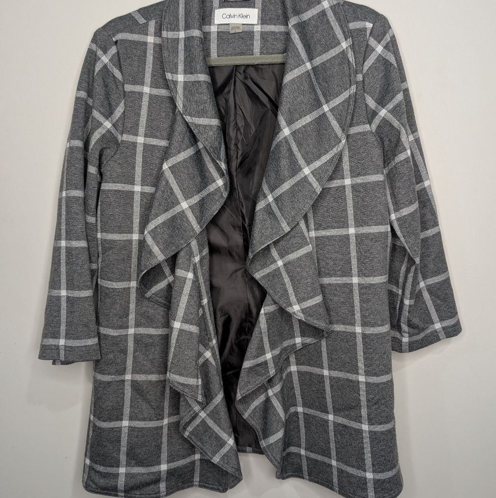 Calvin Klein Gray Windowpane Drape Front Jacket Coatigan Women’s 12